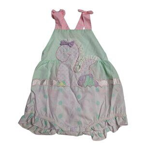 Baby Infant Romper Dinosaur Girls 18 Months VinTage Green Pink Lace Bow Overalls
